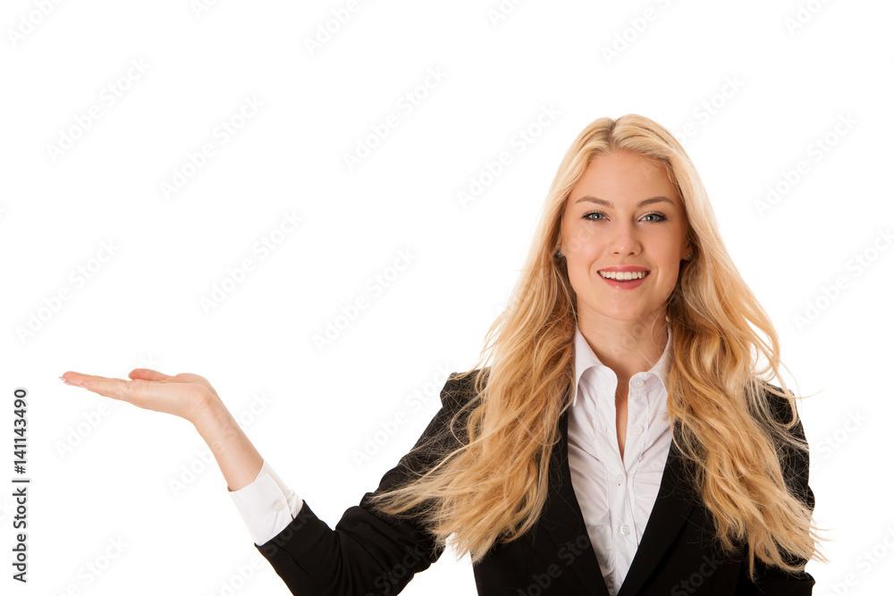 woman pointing to cpoy space - holding arm as presenting a product woman pointing to cpoy space - holding arm as presenting a product