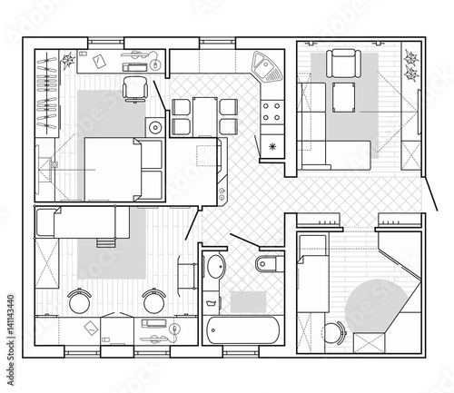 Black and White architectural plan of a house. Layout of the apartment with the furniture in the drawing view. With kitchen and bathroom, living room and bedroom. Graphic design elements. Vector