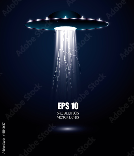 The alien ship. Vector illustration. UFO on a blue background. The glow of light.