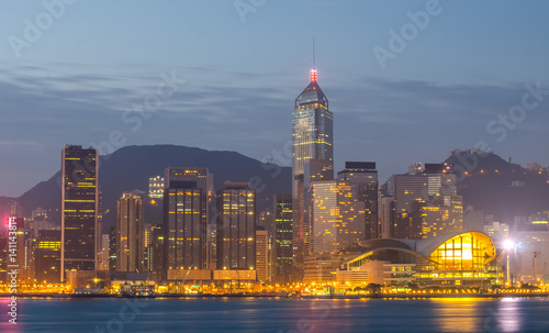 City of Hong Kong with water front with sunrise sky background