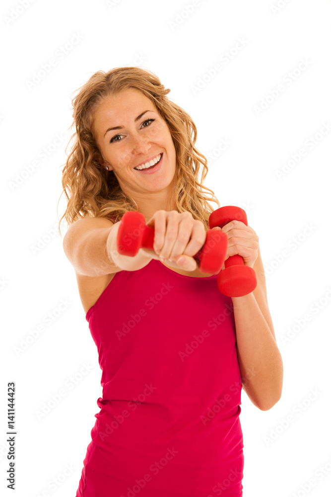 Cute young blond woman working out in fitness gym isolated over white background Cute young blond woman working out in fitness gym isolated over white background