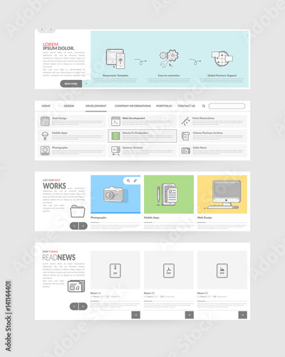 Website templates navigation elements with concept icons.