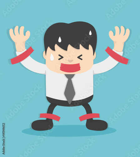 illustration Businessman in suit is taped to the wall with adhesive tape