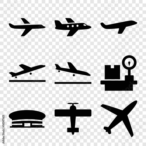 Set of 9 airplane filled icons