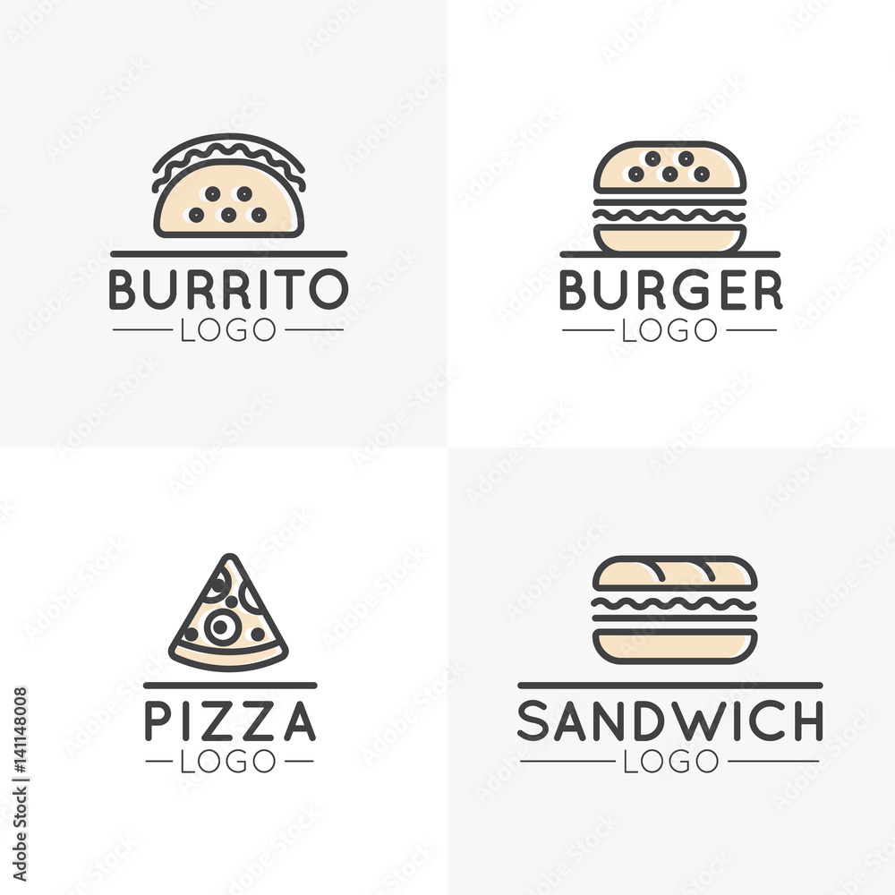 Vector Icon Style Logo Set of Simple Cartoon Fast Food Items, Hot Dog, Wrap, Pizza, Burrito and Sandwich, Burger, Isolated Linear Design Collection Stock Vector | Adobe Stock Vector Icon Style Logo Set of Simple Cartoon Fast Food Items, Hot Dog, Wrap, Pizza, Burrito and Sandwich, Burger, Isolated Linear Design Collection Stock Vector | Adobe Stock