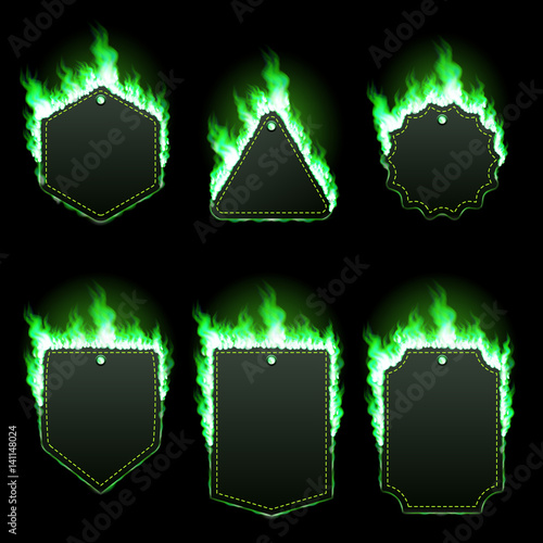 Set of six frames of different shapes with text space surrounded with realistic green flame isolated on transparent background. Burning fire light effect. Bonfire elements. Gradient mesh vector