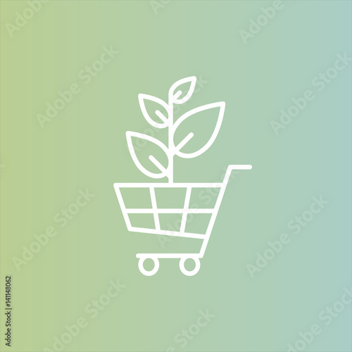 Vector Icon Style Illustration Logo for Organic Vegan Healthy Shop or Store. Green Natural Tree Plant with Leafs Symbol, Shopping Basket