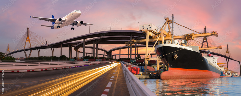Fototapeta premium Panorama transport and logistic concept by boat plane for logistic Import export background