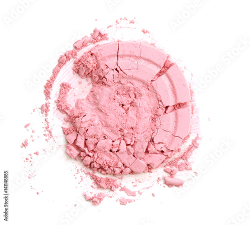 Round pink crashed powder for make up as sample of cosmetics product isolated on white background
