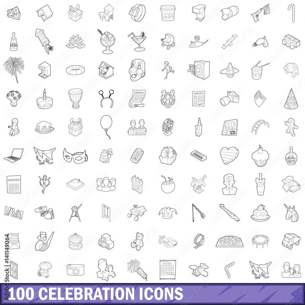 100 celebration icons set, outline style 100 celebration icons set, outline style