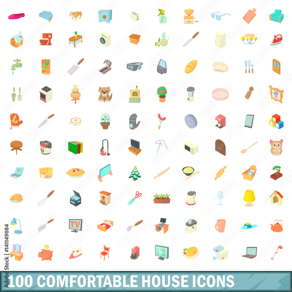 100 comfortable house icons set, cartoon style 100 comfortable house icons set, cartoon style