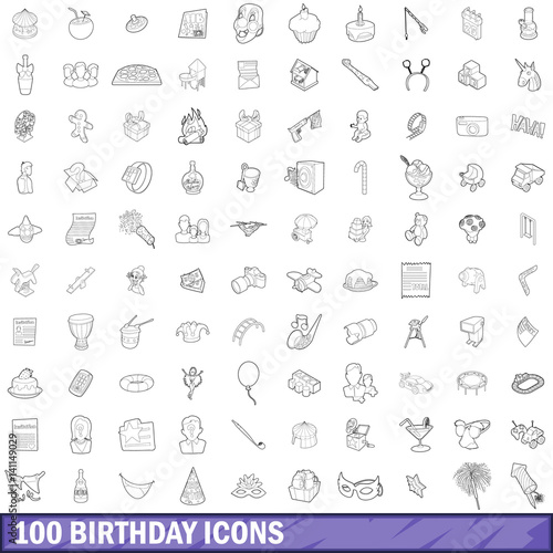 100 birthday icons set  outline style