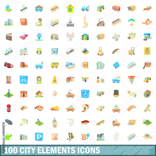 100 city elements icons set, cartoon style