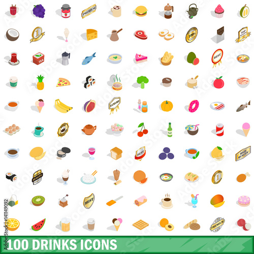 100 drinks icons set, isometric 3d style
