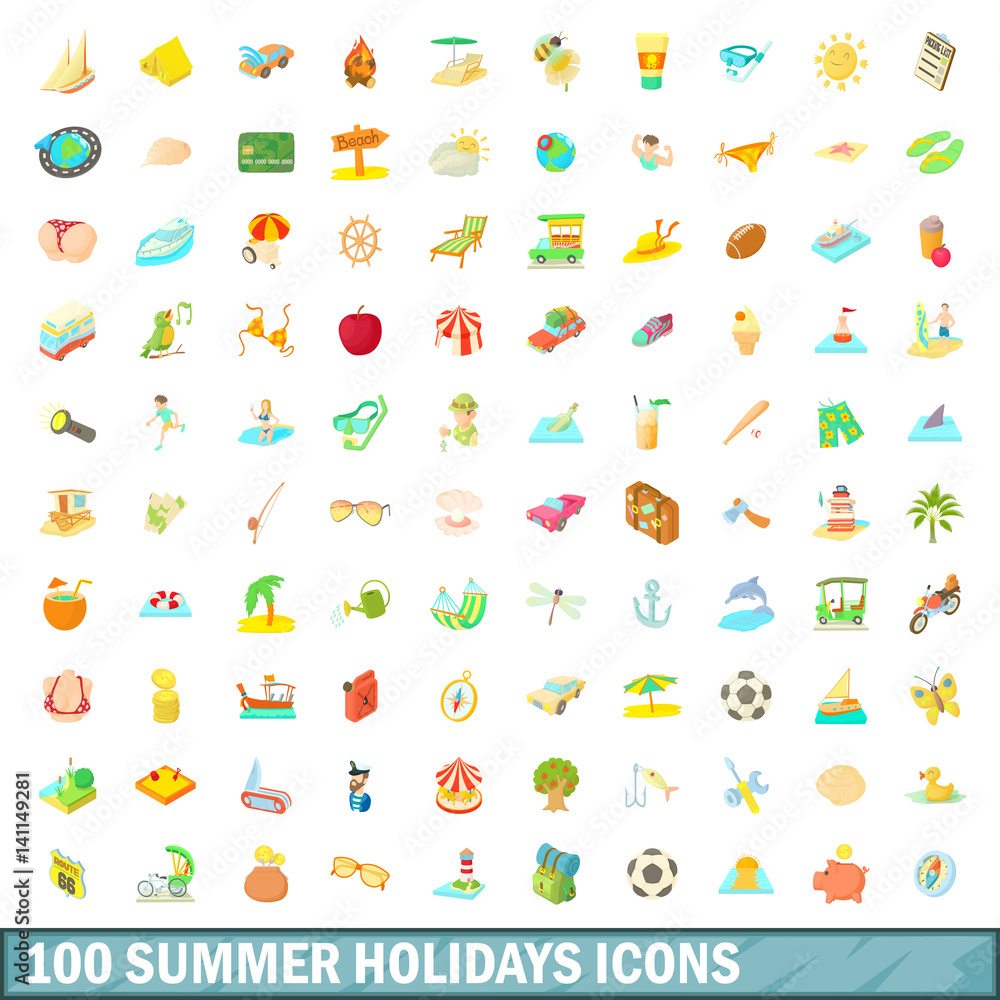100 summer holidays icons set, cartoon style 100 summer holidays icons set, cartoon style