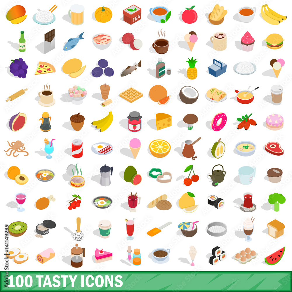 100 tasty icons set, isometric 3d style 100 tasty icons set, isometric 3d style