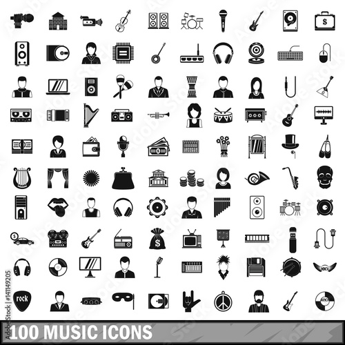 100 music icons set, simple style 