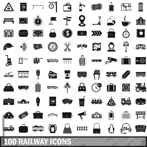 100 railway icons set, simple style 