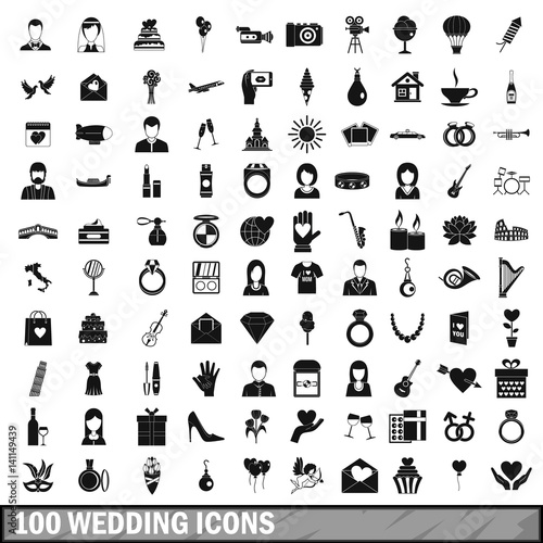 100 wedding icons set, simple style 