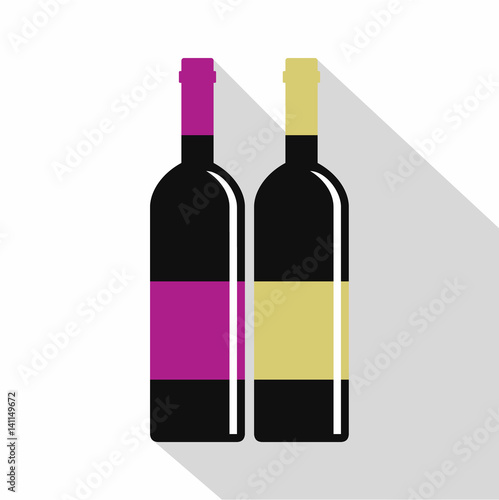 Red and white wine bottles icon, flat style