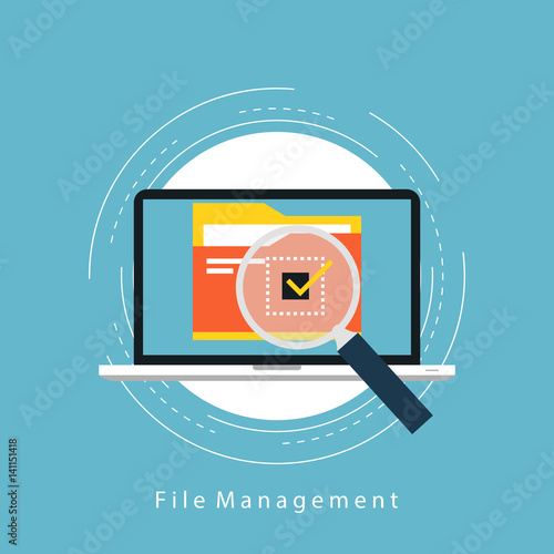 File management and organization flat vector illustration design. Files optimization and synchronization, content management system. Design for web banners and apps