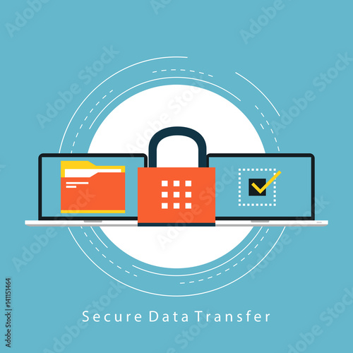 Secure data transfer flat vector illustration design. Online data exchange, data protection system. Data transfering, security, synced drive folder and shared documents design for web banners and apps