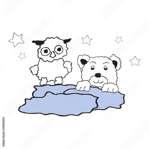 Vector illustration with owl and bear standing on clouds and smyling. Symbol for bedtime and sleep