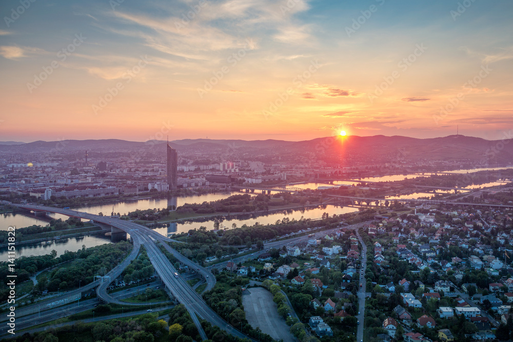 View over Vienna with danube river at sunset, Vienna, Austria