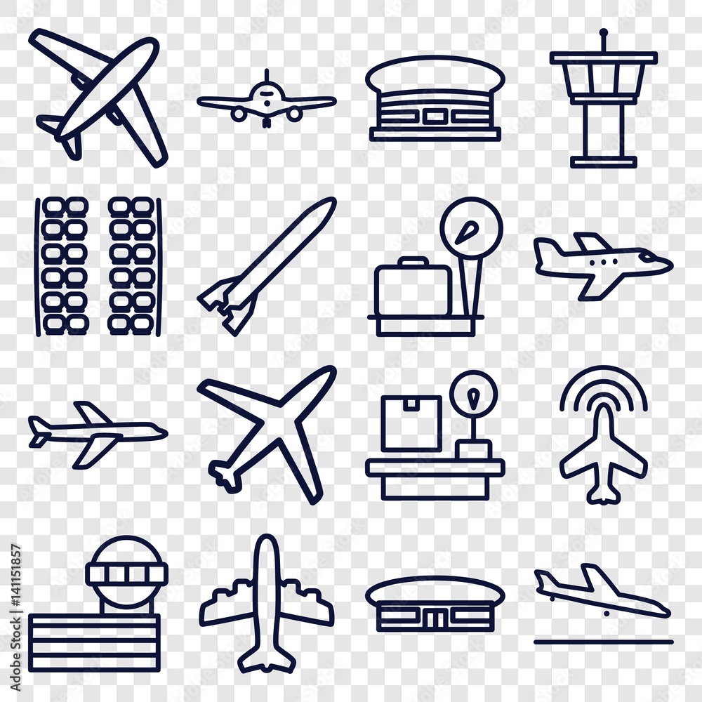 Set of 16 airplane outline icons Set of 16 airplane outline icons