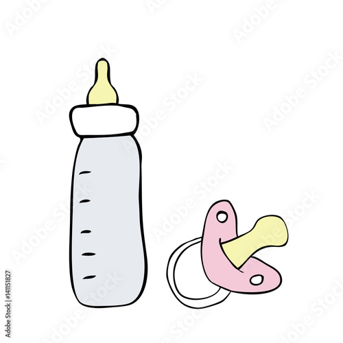 Vector illustration of milk bootle and dummy on white background. Symbol of sleep and goodnight for babys