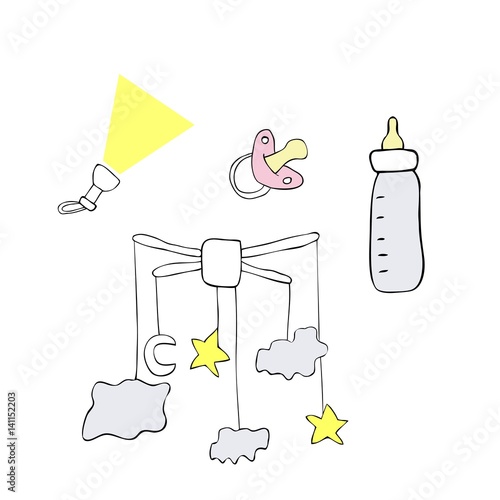 Vector illustration of coloured milk bootle, dummy, pending mobile and flashlight on white background. Symbol of sleep and goodnight for babys