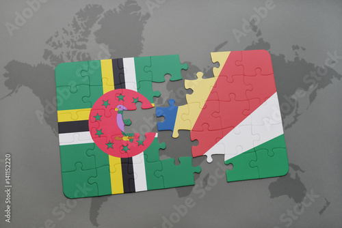 puzzle with the national flag of dominica and seychelles on a world map