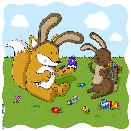 Fuchs und Hase bemalen Ostereier