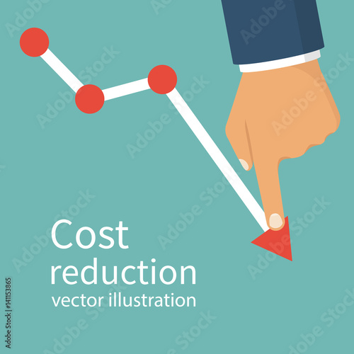 Cost reduction concept. Cost down. Businessman with his hand lowers the arrow of the graph. Vector illustration flat design. Isolated on background. Decrease down profit. Declining chart.