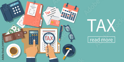 Tax payment. Data analysis, paperwork, financial research, report. Businessman calculation tax. Flat design vector illustration. Form pay ment of debt. Calculation return. Magnifying glass in hand.