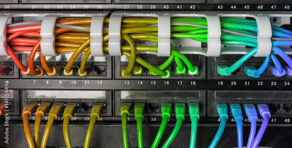 Server rack with rainbow internet patch cord cables