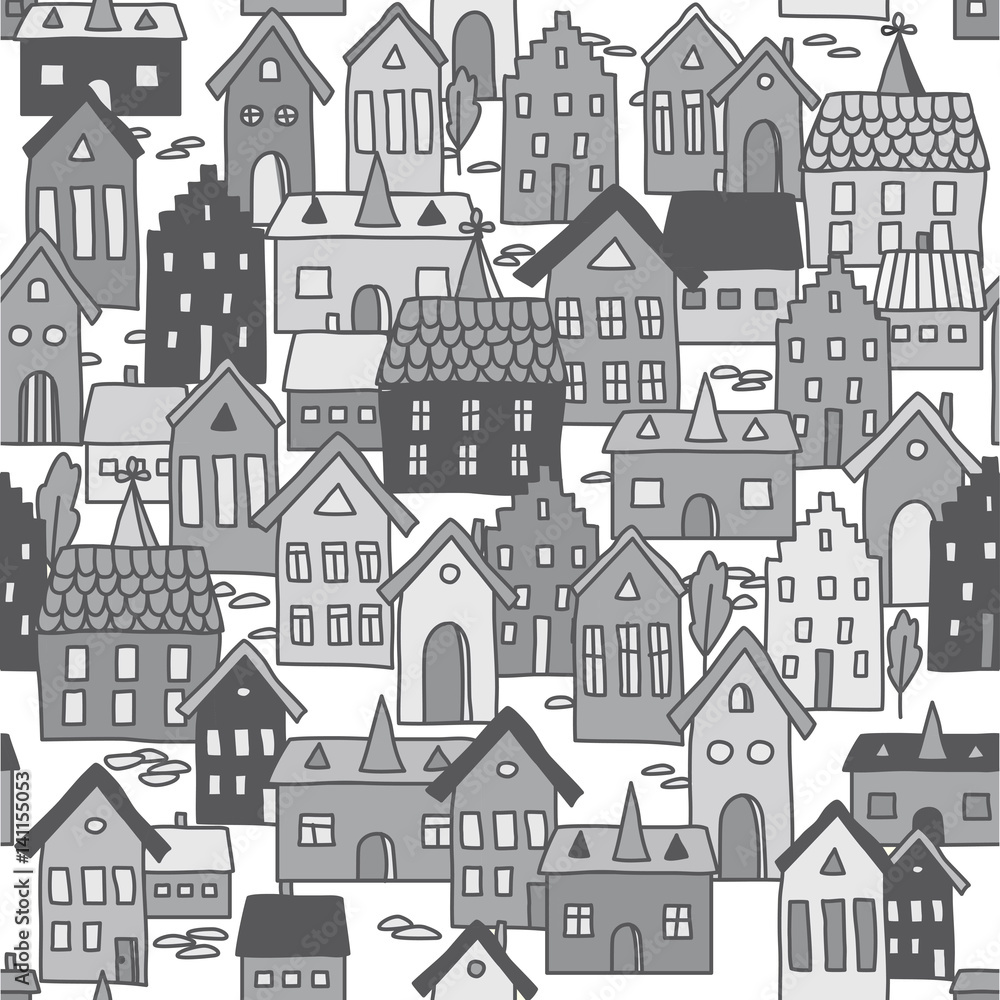 Vector seamless pattern background with european houses in grey.