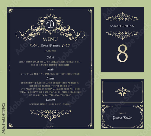 Ornate vintage vector templates set. Wedding menu, table number and name place card design.