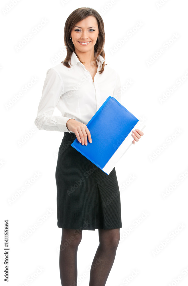 Full body of business woman with blue folder, on white Full body of business woman with blue folder, on white