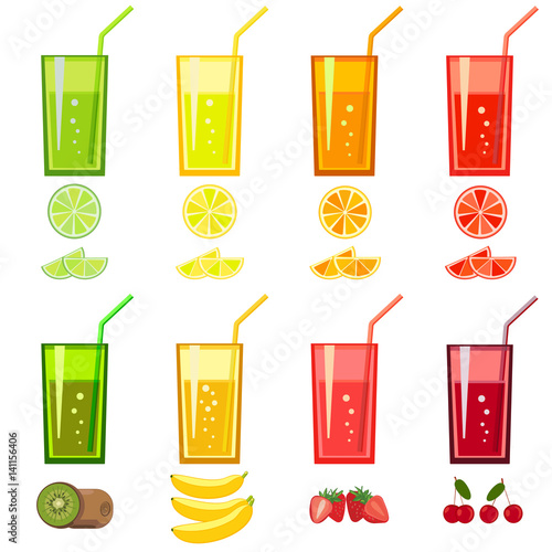 Set of fresh fruit juices and cocktails. Orange, lemon, lime, grapefruit, cherry, mandarin, strawberry, kiwi, banana. Vector illustration on white background