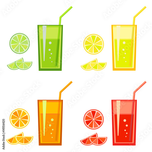 Set of fresh fruit juices and cocktails. Citruc fruit set orange, lemon, lime, grapefruit, mandarin. Vector illustration on white background