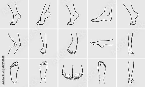 Human body parts. Foot care Icons Set. Vector illustrations line art pack of human feet in various gestures. photo