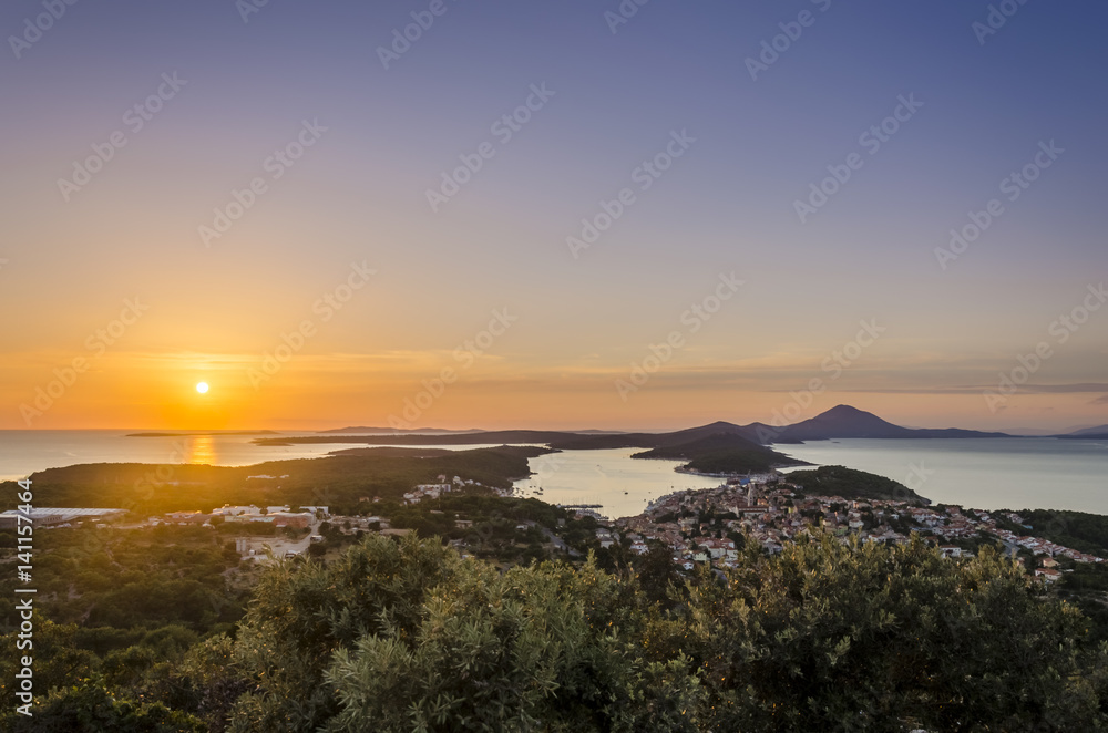 sunset over the islands, areal view of the losinj island at sunset, croatia, europe