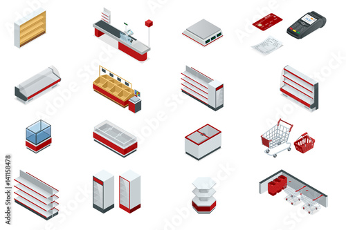 Vector isometric set elements for super market interior plan. Store shelves, cart, basket, equipment store, payment systems in flat style isolated on white background for your design