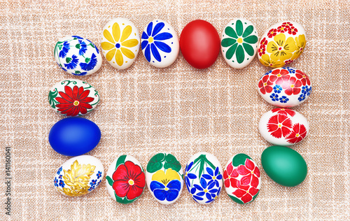 Necklace from hand-painted Easter eggs on a beautiful tablecloth