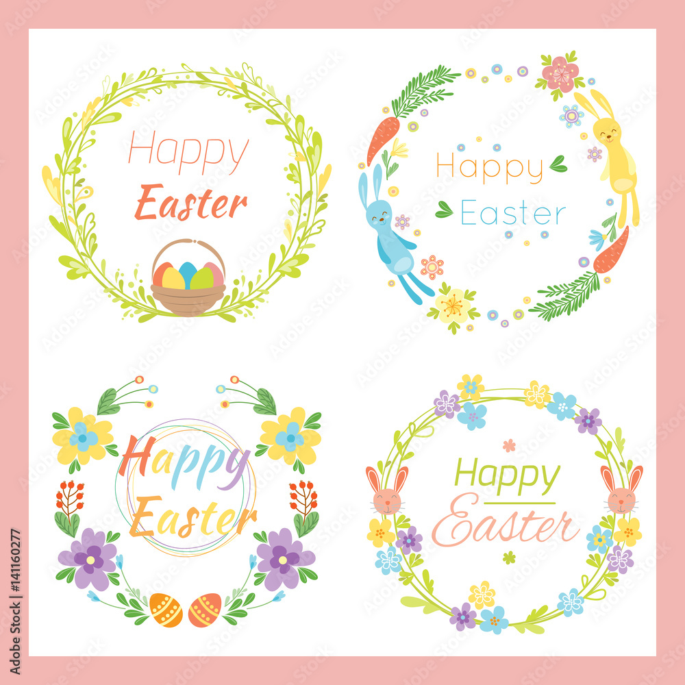 Happy easter hand drawn badge with hand lettering greeting decoration element and natural wreath handmade style vintage symbol spring flower vector illustration.