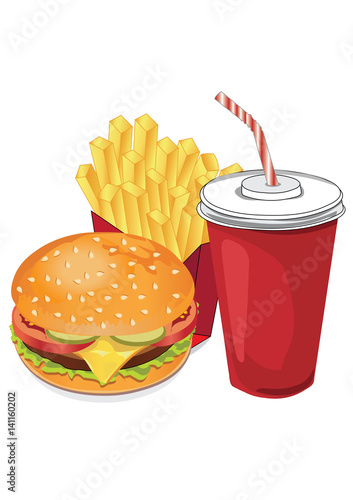 Cola soda drink, french fries and burger