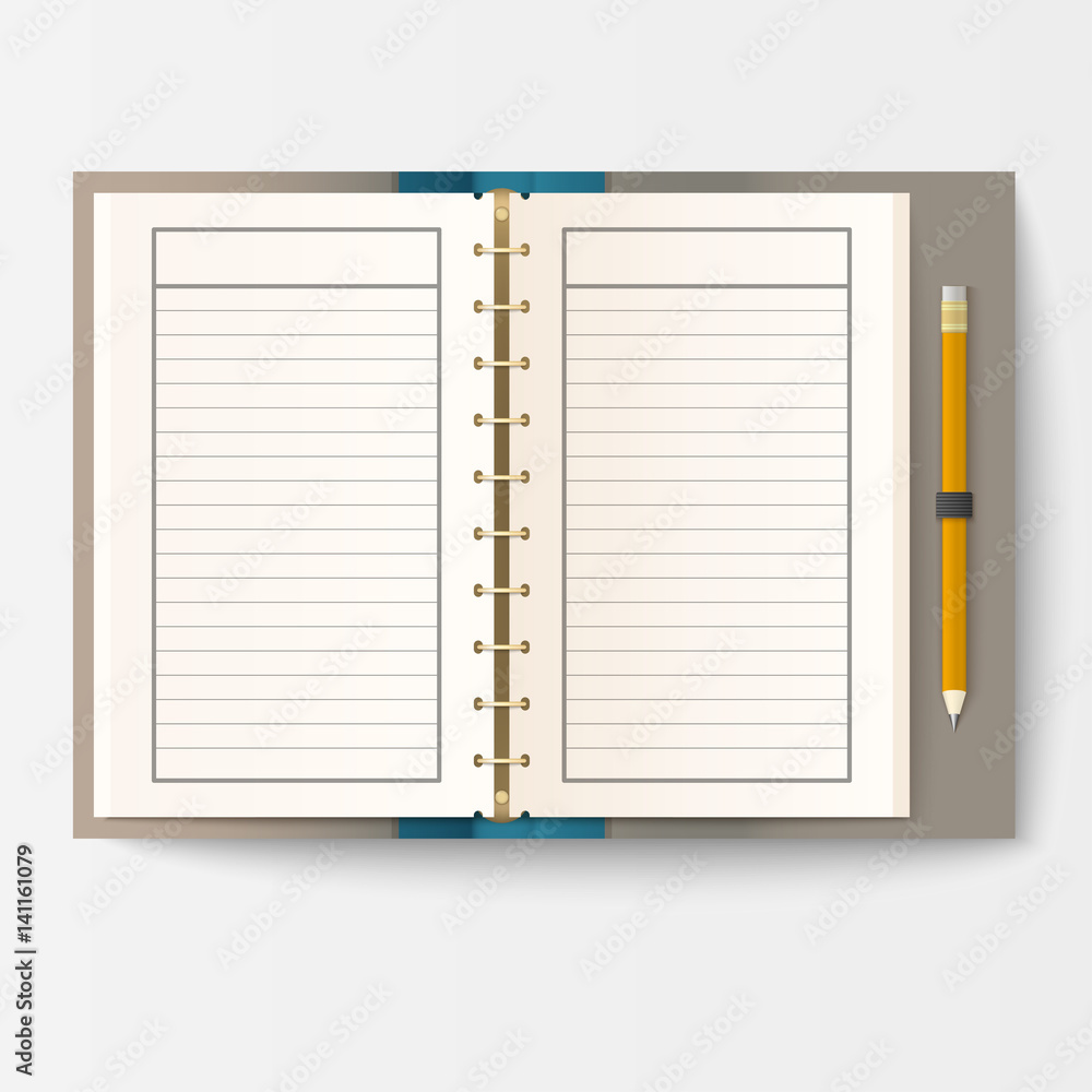 Open realistic notebook with pages diary office sheet template booklet and blank paper education copybook organizer vector illustration. Open realistic notebook with pages diary office sheet template booklet and blank paper education copybook organizer vector illustration.