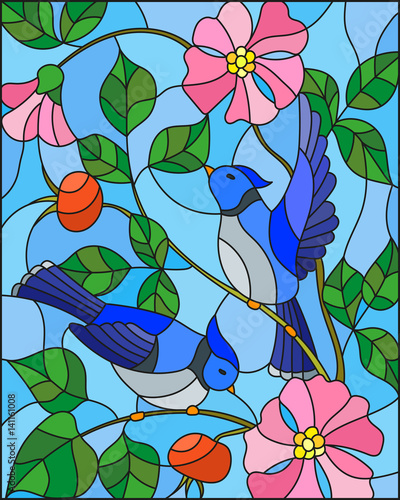 фотографія Illustration in stained glass style with two blue jays on the branches of bloomi