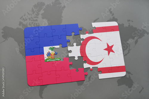 puzzle with the national flag of haiti and northern cyprus on a world map